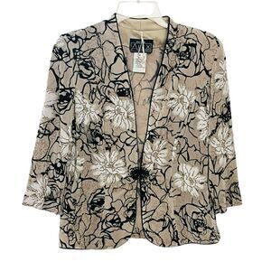 Alex Evenings Light Blazer Gold/Glittery Tan Black Floral Rhinestone/Broach MP